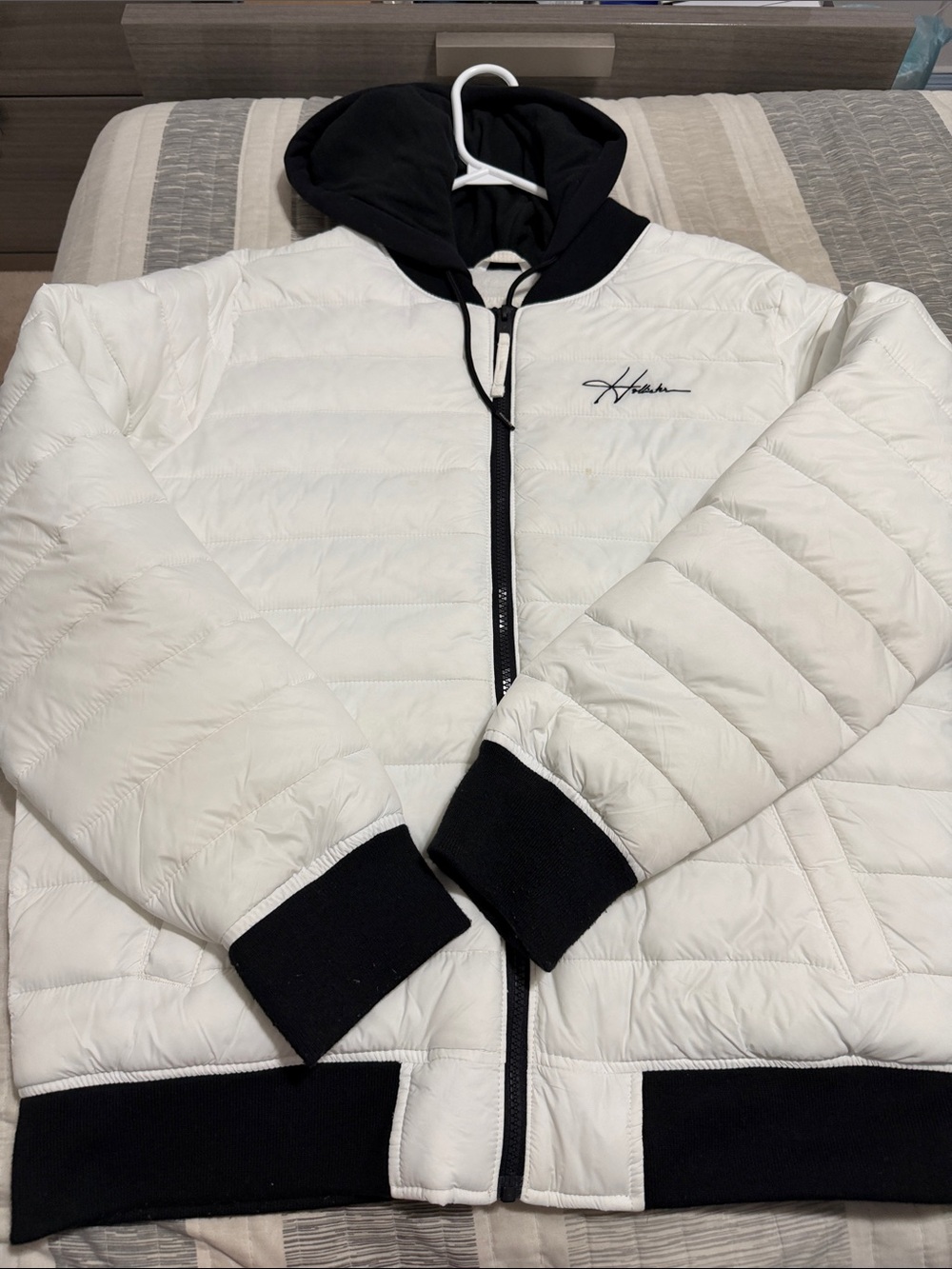 Hollister White Puffer Jacket with Black Hood & Trim